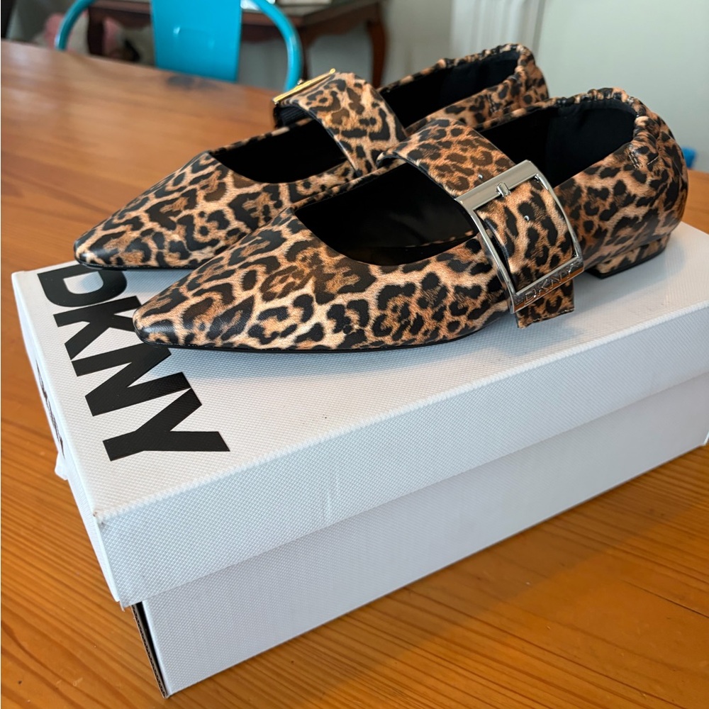 DKNY Leopard-Print Pointed Mary Jane Flats with Buckle